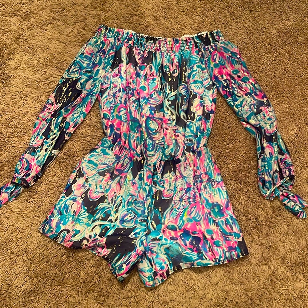 Lilly Pulitzer off the shoulder romper skort in a lightweight silk XS Blue Pink